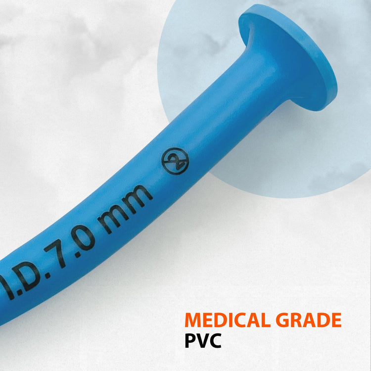 Close-up of the top flange of a blue nasopharyngeal airway. The tube is printed with "I.D. 7.0 mm" and a "Single Use Only" symbol. The text at the bottom identifies the material as "MEDICAL GRADE PVC."