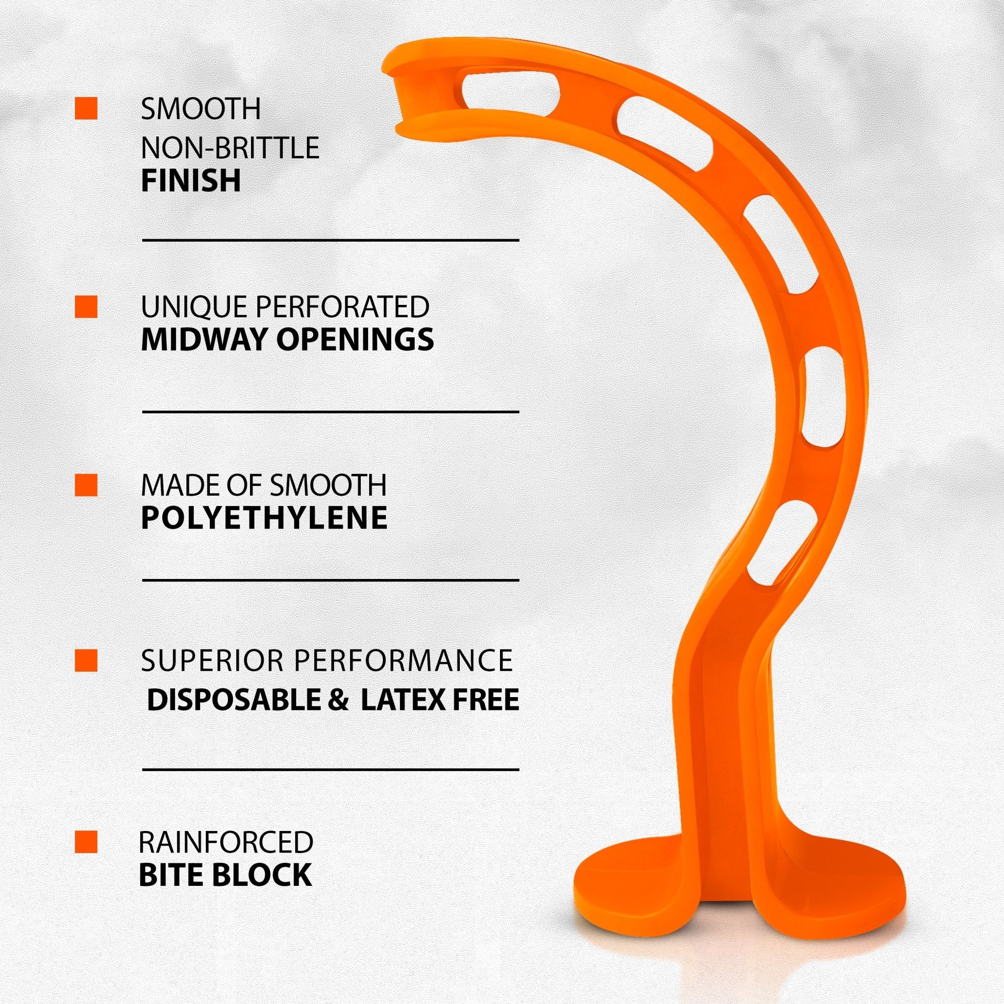 An orange oropharyngeal airway shown vertically with a feature list: Smooth non-brittle finish, unique perforated midway openings, made of smooth polyethylene, disposable and latex-free, and a reinforced bite block at the base.