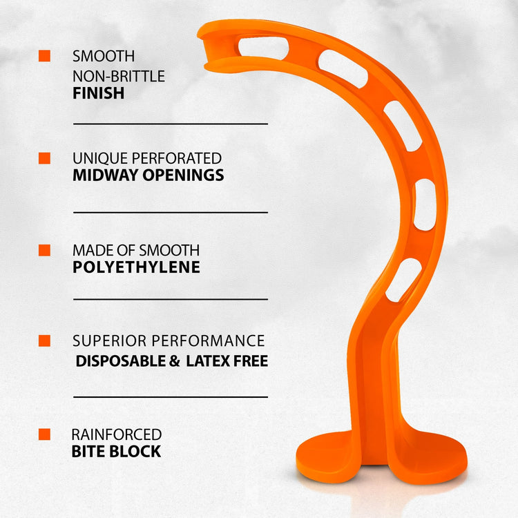 An orange oropharyngeal airway shown vertically with a feature list: Smooth non-brittle finish, unique perforated midway openings, made of smooth polyethylene, disposable and latex-free, and a reinforced bite block at the base.