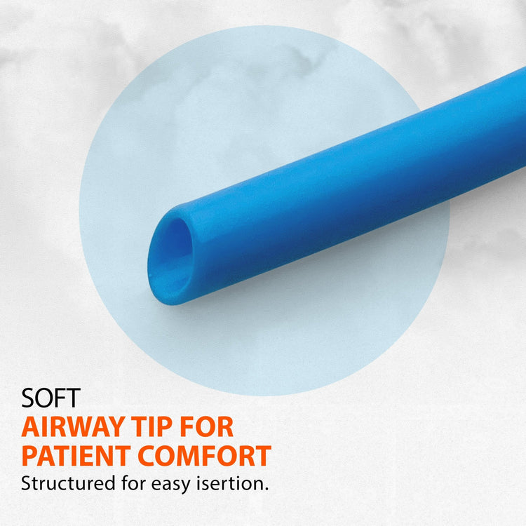 Close-up of the tip of a blue nasopharyngeal airway tube. The text reads "SOFT AIRWAY TIP FOR PATIENT COMFORT" and "Structured for easy insertion." The image emphasizes the smooth, beveled edge of the medical device.