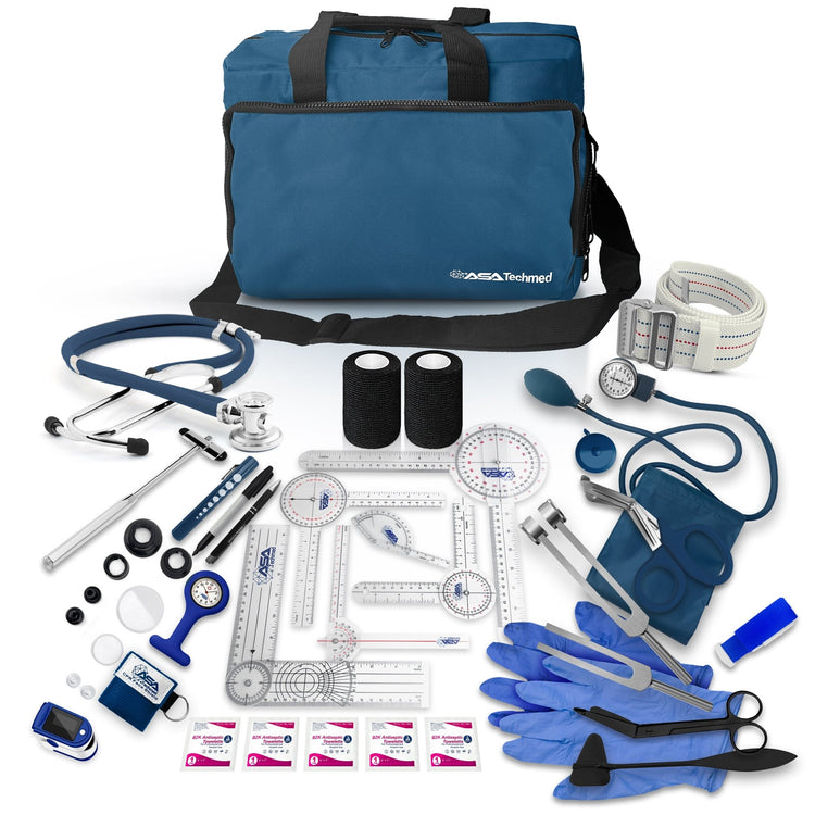 A large blue medical bag from ASA Techmed surrounded by its contents. Items include a stethoscope, blood pressure cuff, reflex hammers, goniometers, tuning forks, medical shears, penlights, a gait belt, medical gloves, a pulse oximeter, and antiseptic wipes.