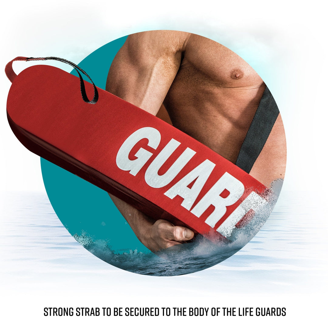 Action shot of a lifeguard holding the red "GUARD" rescue tube while in the water, secured by a strong black strap.