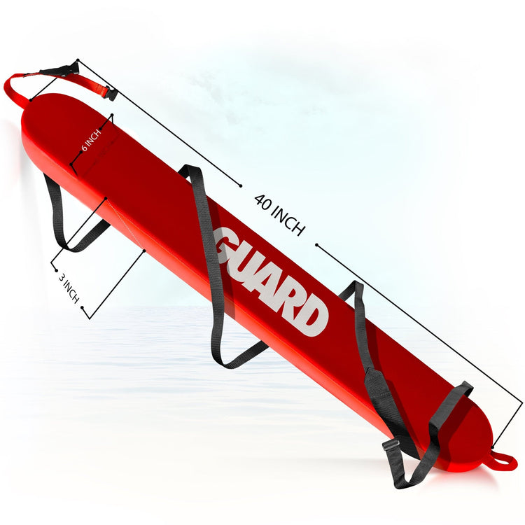 Technical diagram of the red rescue tube showing dimensions: 40 inches long, 6 inches wide, and 3 inches thick. It includes a black adjustable shoulder strap.