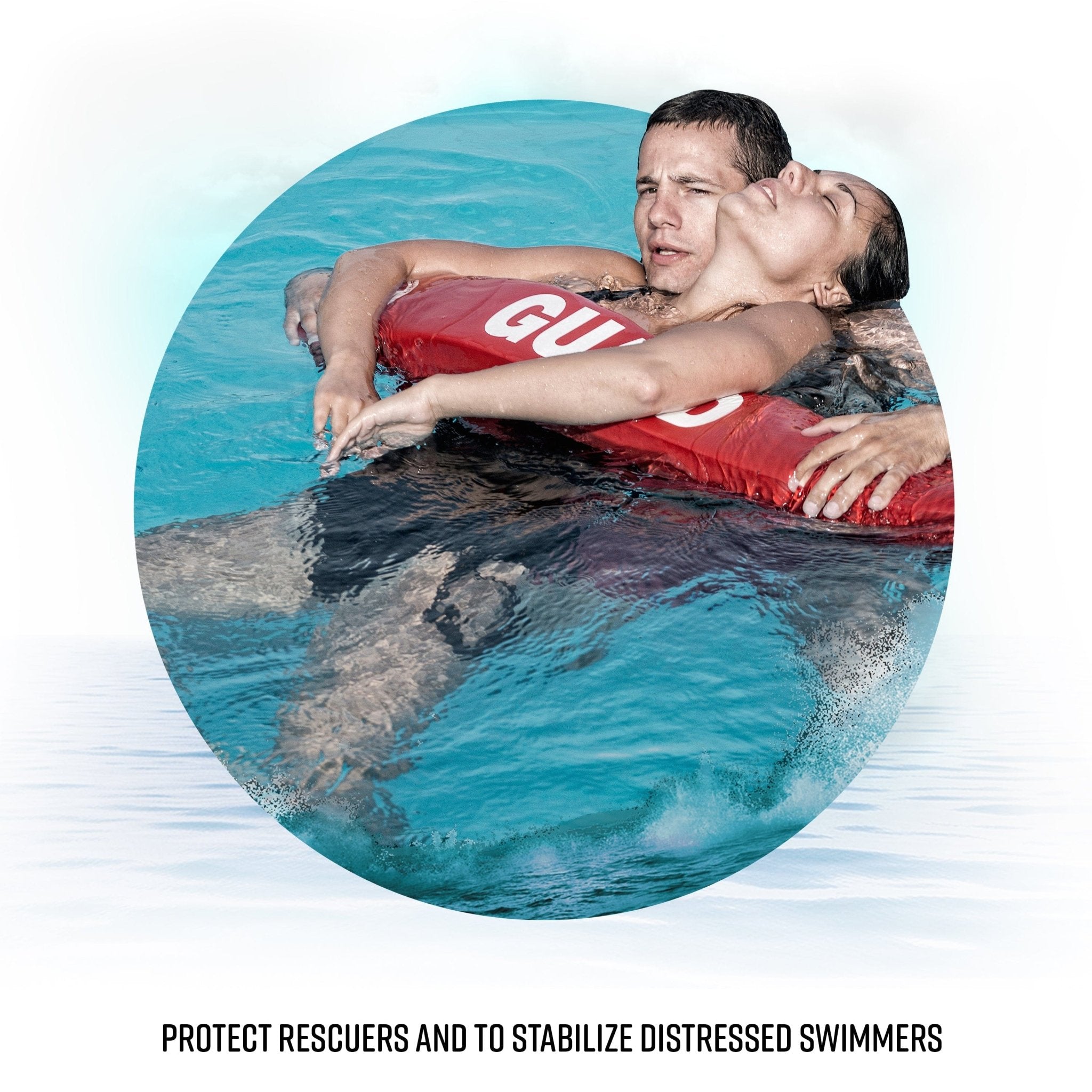 A lifeguard in the water using the red rescue tube to support and stabilize a distressed swimmer.