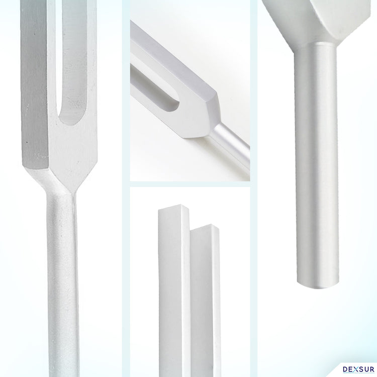 A macro-photography collage highlighting various parts of a silver C512 tuning fork. The panels provide close-up details of the smooth U-shaped non-weighted prongs and the cylindrical handle stem.