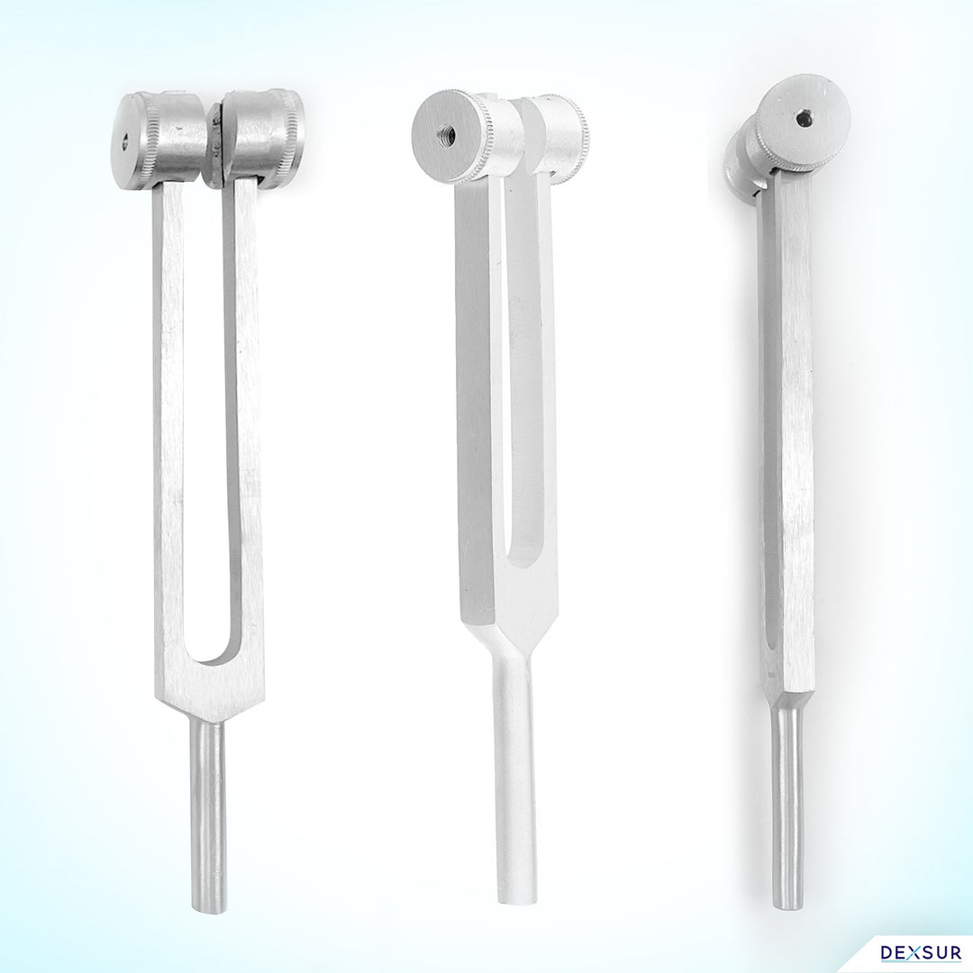 A product display showing three distinct perspectives of a non-weighted silver tuning fork against a light blue background. It features a direct front view of the prongs, a three-quarter angled view, and a side-profile view showing its slim, uniform construction.