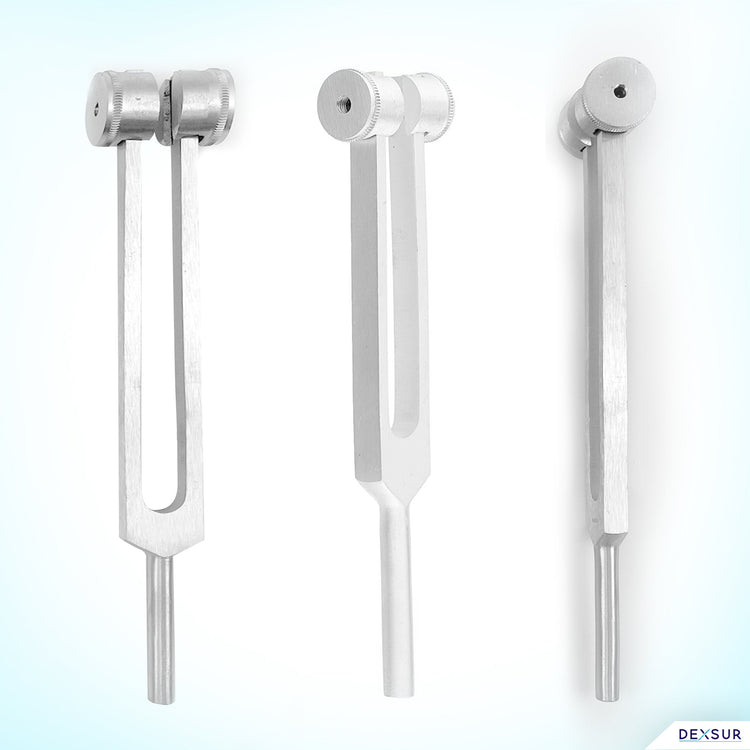 A product display showing three distinct perspectives of a non-weighted silver tuning fork against a light blue background. It features a direct front view of the prongs, a three-quarter angled view, and a side-profile view showing its slim, uniform construction.