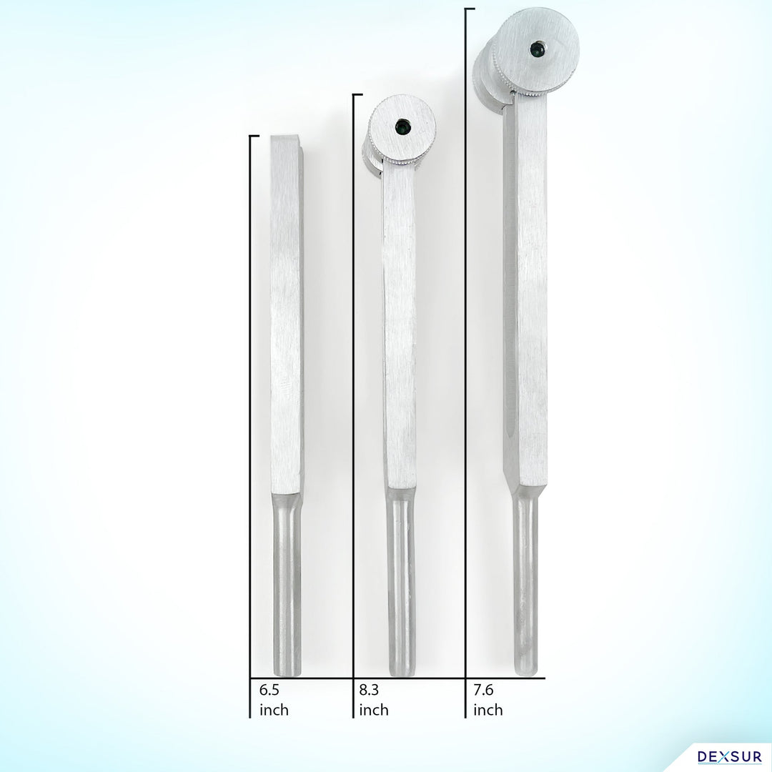 A product comparison graphic showing three tuning forks side-by-side with their measurements. From left to right, the non-weighted fork measures 6.5 inches, the medium-weighted fork measures 8.3 inches, and the larger weighted fork measures 7.6 inches.