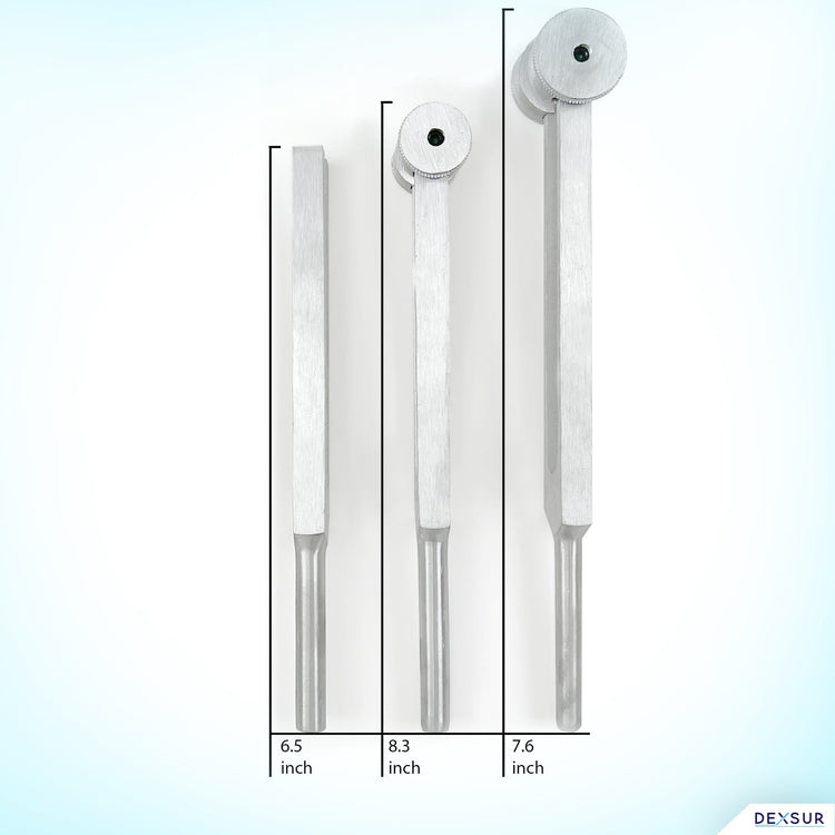 A product comparison graphic showing three tuning forks side-by-side with their measurements. From left to right, the non-weighted fork measures 6.5 inches, the medium-weighted fork measures 8.3 inches, and the larger weighted fork measures 7.6 inches.