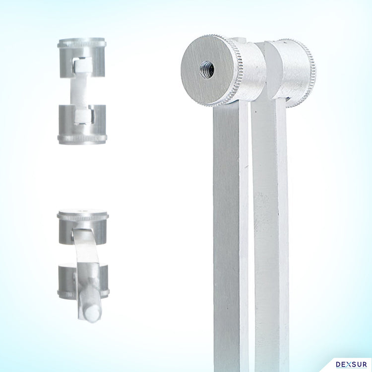 A detailed collage focusing on the weighted tips of the tuning fork. The main image shows the prongs from a side angle, while two smaller insets on the left show top-down and bottom-up views of the adjustable weights.