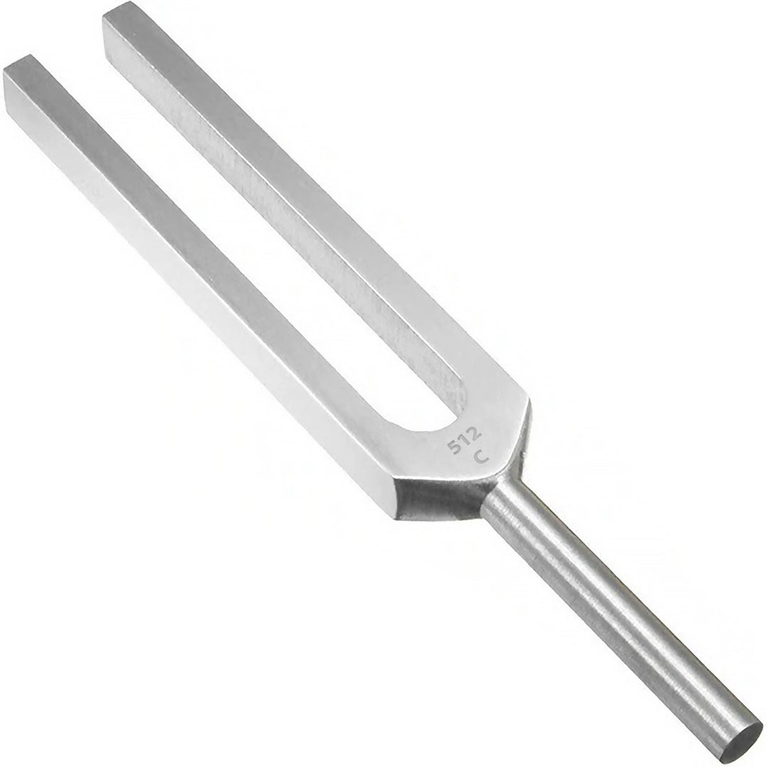 A high-resolution, top-down view of a single silver aluminum C512 tuning fork. The instrument features two parallel, non-weighted prongs that form a U-shape, tapering into a slender cylindrical handle. The "512 C" frequency marking is clearly engraved at the base of the prongs where they meet the stem.