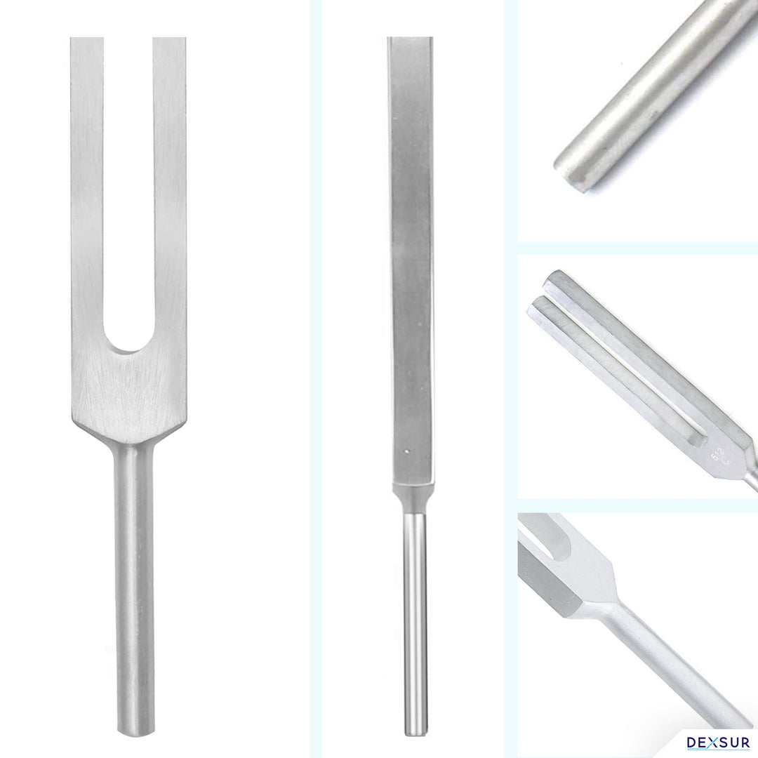 A collage showing various angles of a silver aluminum C512 tuning fork. The main panel displays the non-weighted, parallel prongs, while smaller insets provide close-up views of the smooth metallic tip and the slender cylindrical handle stem.