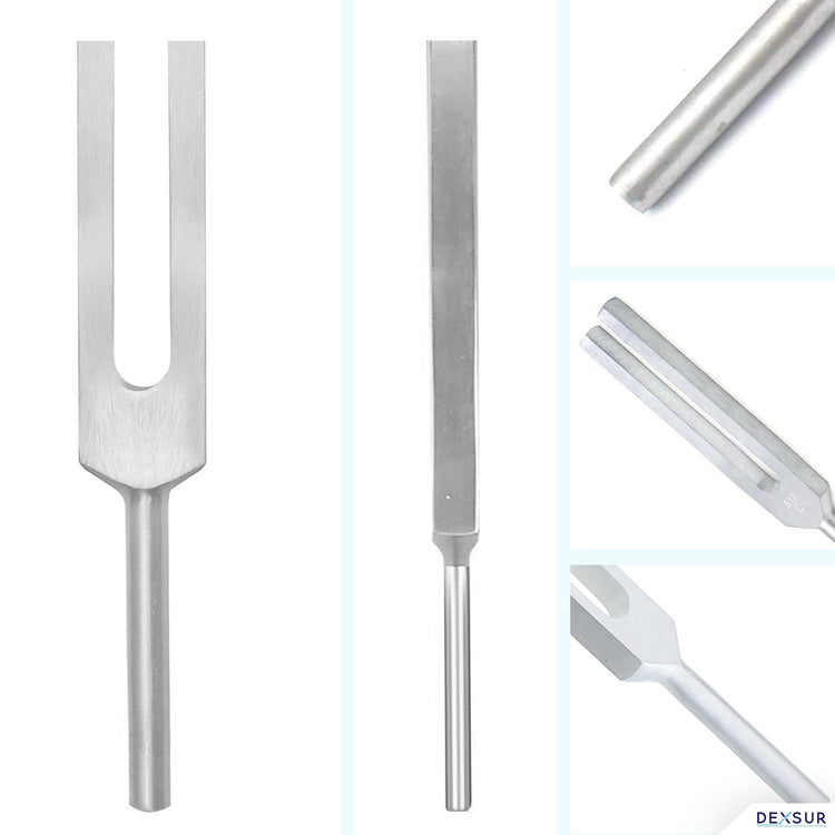 A collage showing various angles of a silver aluminum C512 tuning fork. The main panel displays the non-weighted, parallel prongs, while smaller insets provide close-up views of the smooth metallic tip and the slender cylindrical handle stem.
