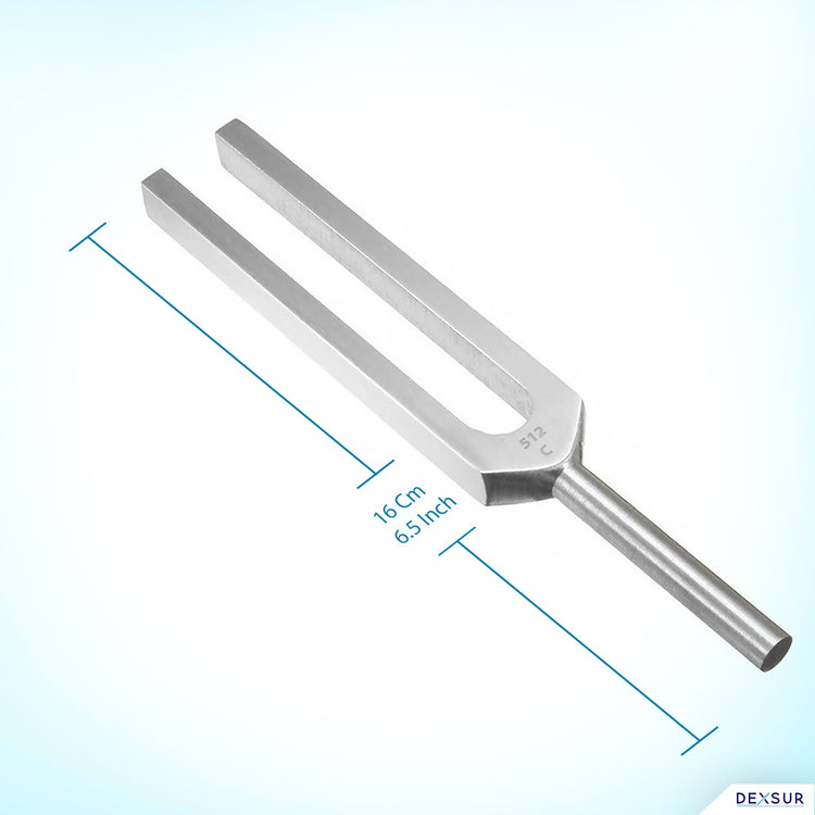 A studio shot of a silver aluminum C512 tuning fork with measurement lines indicating its total length is 16 centimeters or 6.5 inches.