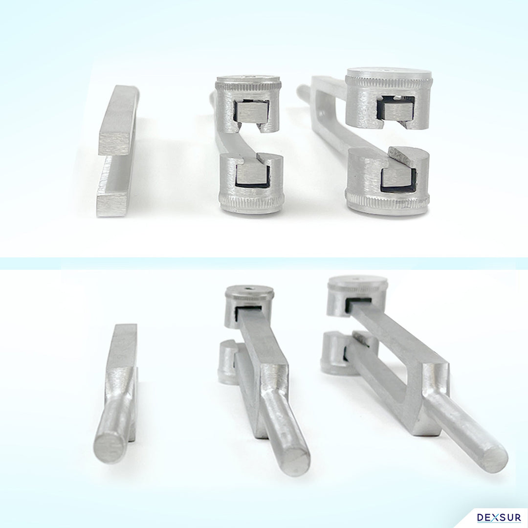 A two-part studio graphic showing different angles of three silver aluminum tuning forks. The top view shows them standing upright, highlighting the differences between the non-weighted, small weighted, and large weighted prongs. The bottom view shows them lying horizontally to display the handle stems.