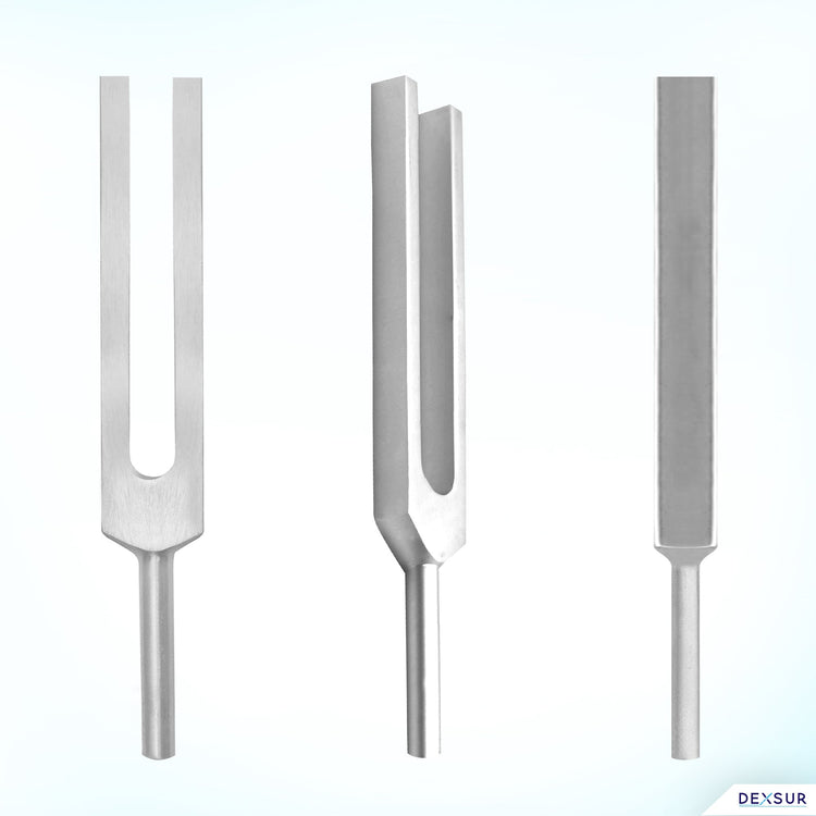 A product showcase featuring three different views of a non-weighted silver C512 tuning fork against a light blue background. It displays a direct front view with its two parallel prongs, a three-quarter side view, and a thin side-profile view.