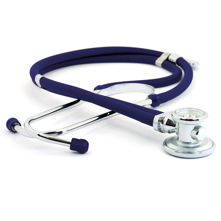 A top-down product view of the complete navy blue dual-head stethoscope coiled on a white background, highlighting its dual-tubing design and versatile chest piece.