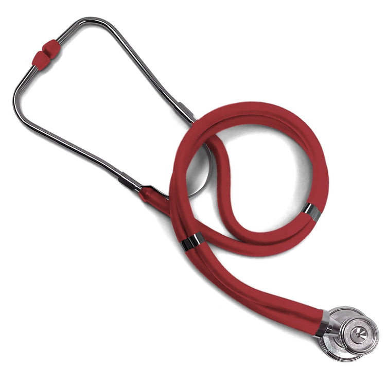 An overhead view of the burgundy stethoscope arranged in a decorative coil, showcasing the full length of the flexible, latex-free burgundy tubing and the chrome metal components.