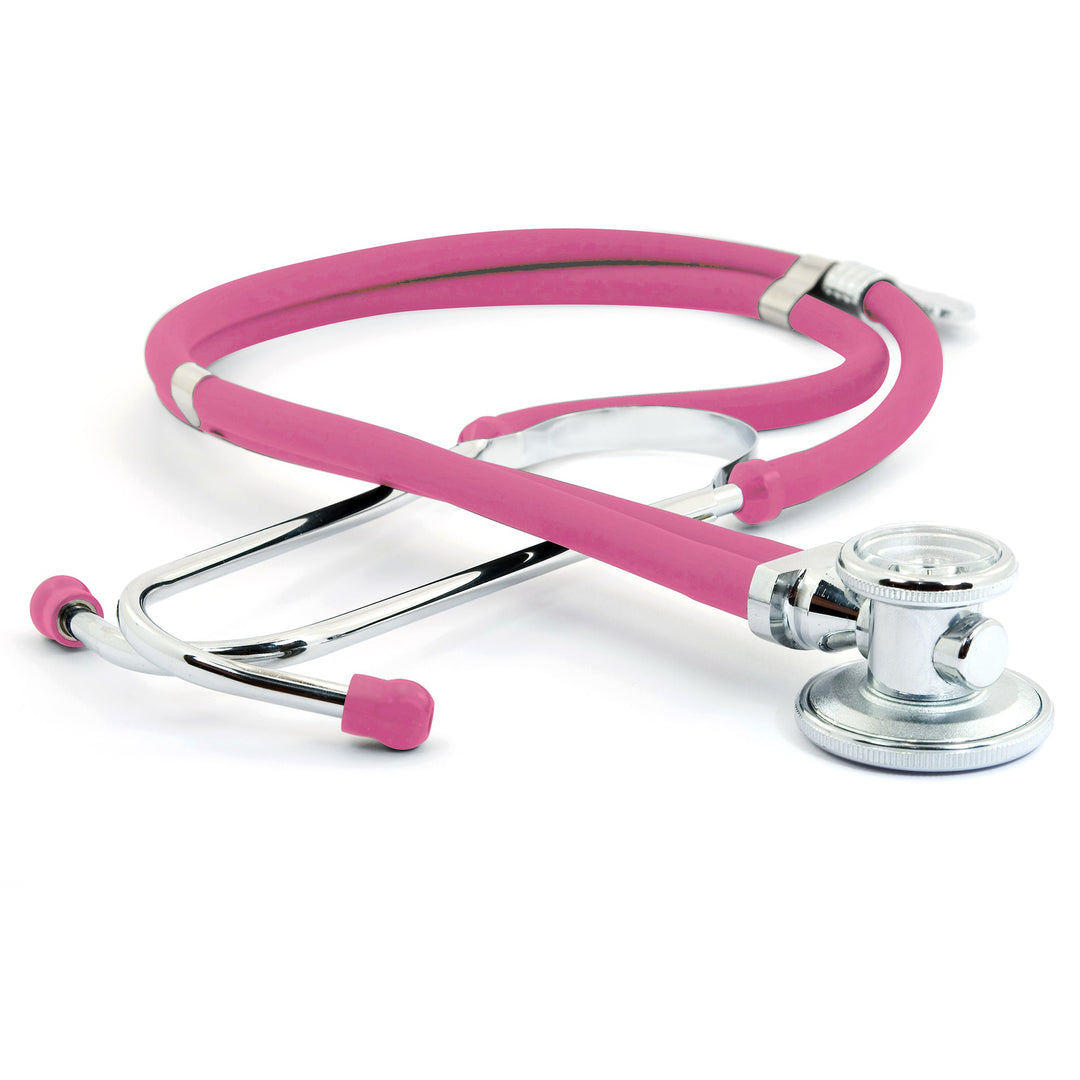 A top-down product view of the complete pink dual-head stethoscope coiled on a white background, highlighting its dual-tubing design and versatile chest piece.