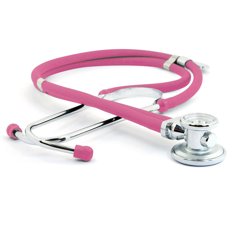 A top-down product view of the complete pink dual-head stethoscope coiled on a white background, highlighting its dual-tubing design and versatile chest piece.