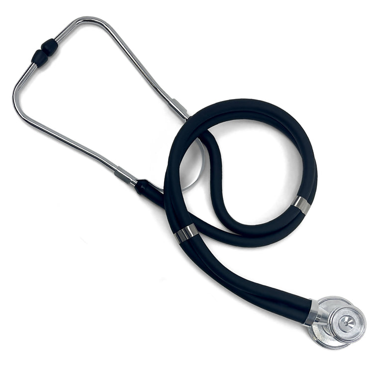 An overhead view of the black stethoscope arranged in a decorative coil, showcasing the full length of the flexible, latex-free black tubing and the chrome metal components.