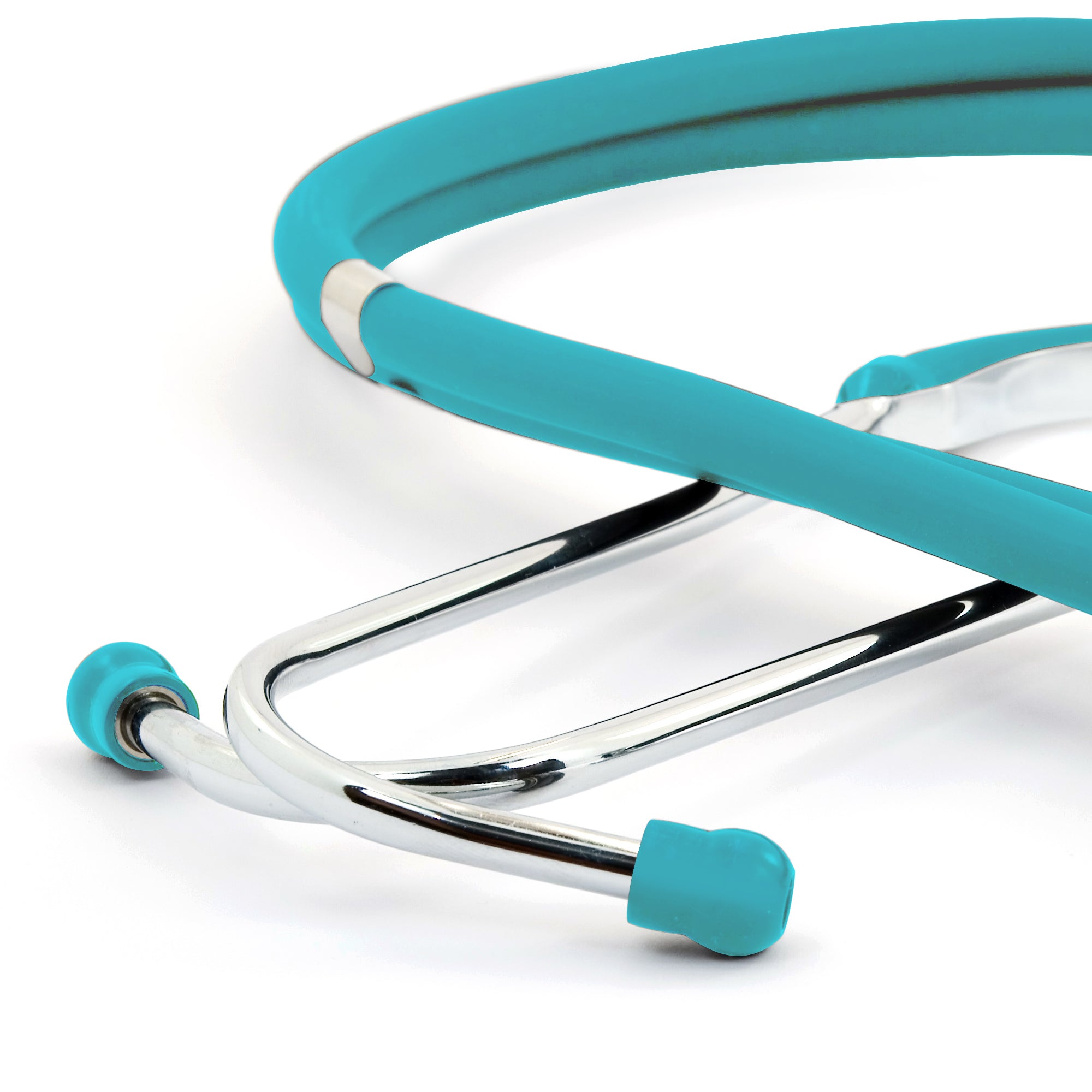 A detailed studio shot of the tral stethoscope's binaural assembly, showing the polished chrome headset and the soft, matching teal earpieces designed for a comfortable, acoustic seal.
