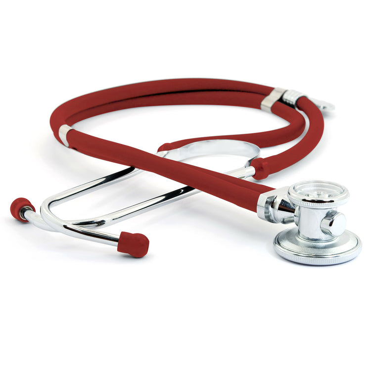 A top-down product view of the complete burgundy dual-head stethoscope coiled on a white background, highlighting its dual-tubing design and versatile chest piece.