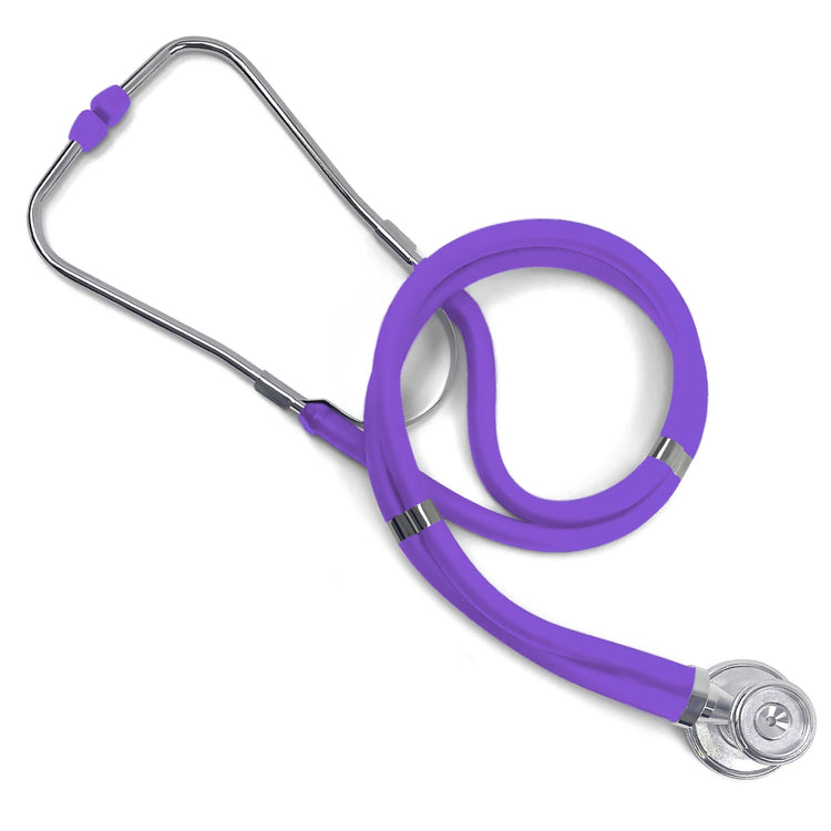 An overhead view of the purple stethoscope arranged in a decorative coil, showcasing the full length of the flexible, latex-free purple tubing and the chrome metal components.
