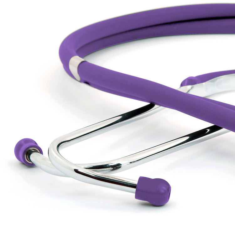 A detailed studio shot of the purple stethoscope's binaural assembly, showing the polished chrome headset and the soft, matching purple earpieces designed for a comfortable, acoustic seal.