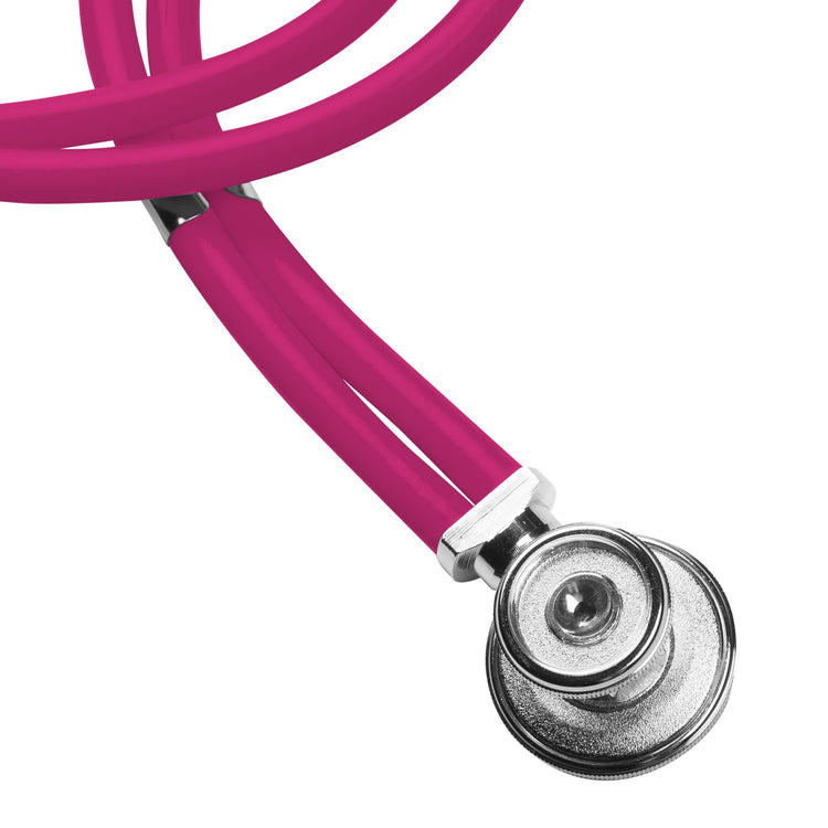 A macro close-up of the chrome-plated dual-head chest piece and the reinforced double-tubing in a vibrant magenta color.