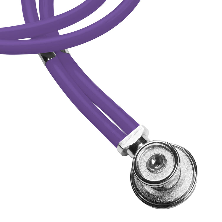 A macro close-up of the chrome-plated dual-head chest piece and the reinforced double-tubing in a vibrant purple color.