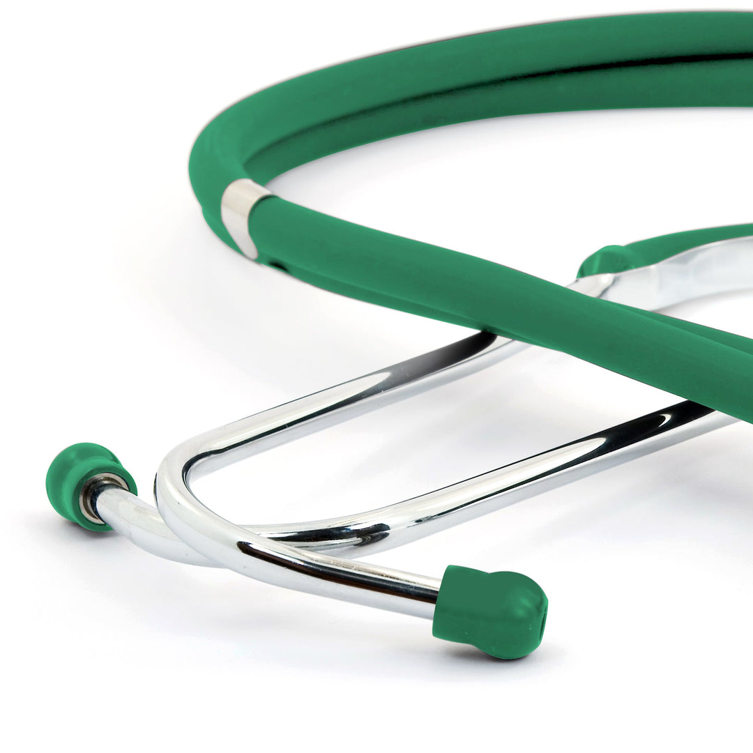 A detailed studio shot of the green stethoscope's binaural assembly, showing the polished chrome headset and the soft, matching green earpieces designed for a comfortable, acoustic seal.