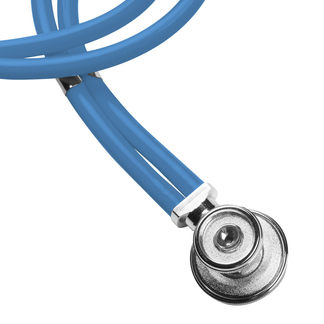 A macro close-up of the chrome-plated dual-head chest piece and the reinforced double-tubing in a vibrant sea breeze color.