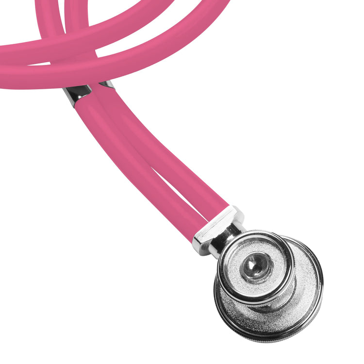 A macro close-up of the chrome-plated dual-head chest piece and the reinforced double-tubing in a vibrant pink color.