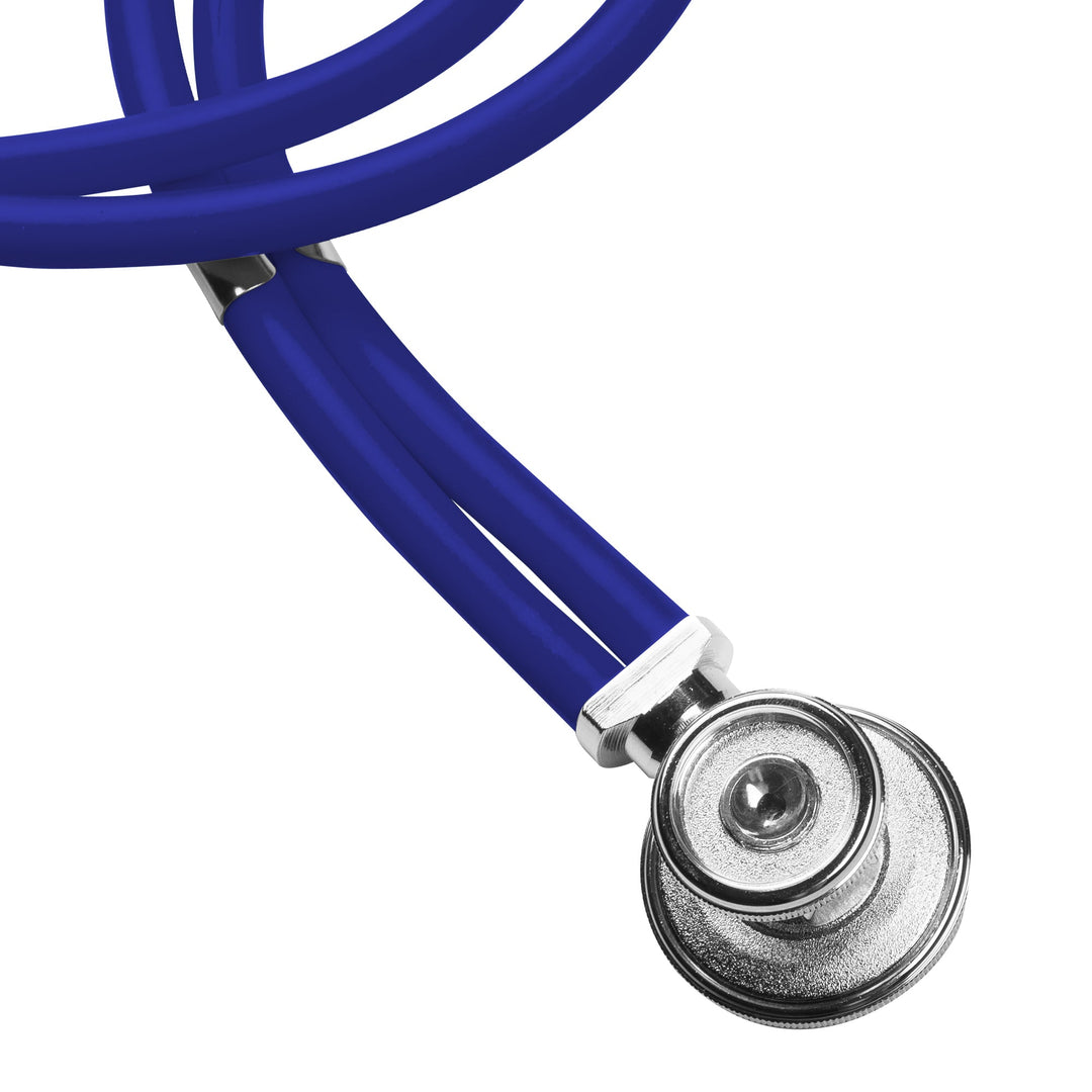 A macro close-up of the chrome-plated dual-head chest piece and the reinforced double-tubing in a vibrant navy blue color.