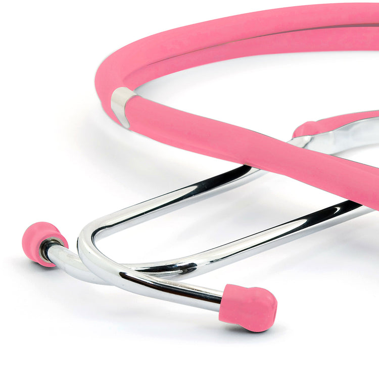 A detailed studio shot of the frosted pink stethoscope's binaural assembly, showing the polished chrome headset and the soft, matching frosted pink earpieces designed for a comfortable, acoustic seal.