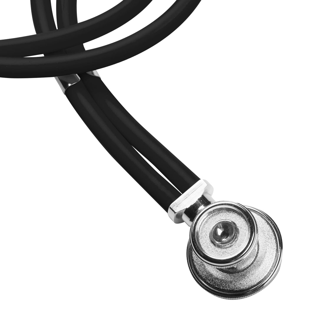 A macro close-up of the chrome-plated dual-head chest piece and the reinforced double-tubing in a vibrant black color.