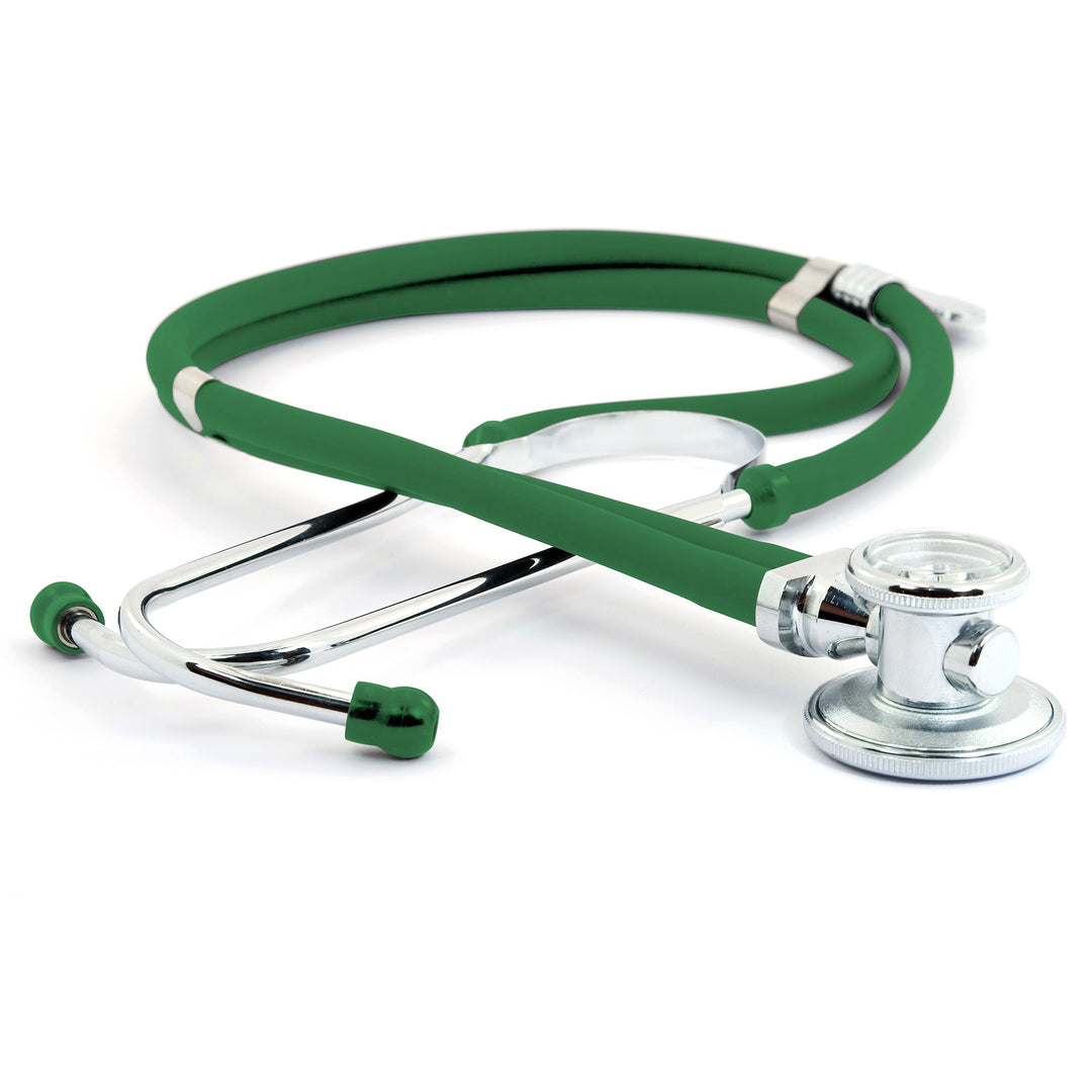 A top-down product view of the complete green dual-head stethoscope coiled on a white background, highlighting its dual-tubing design and versatile chest piece.