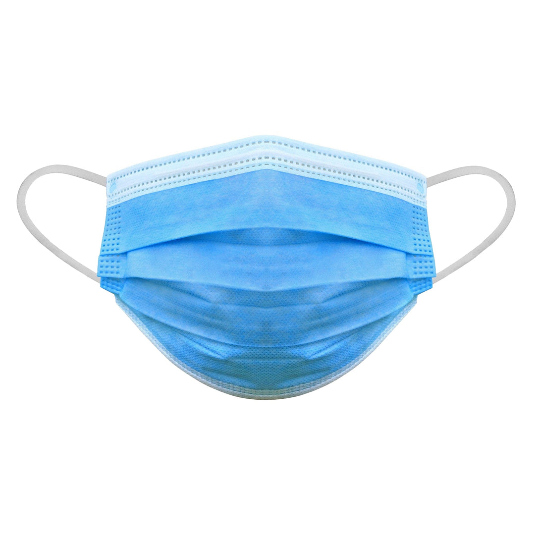 Front view of a single blue surgical face mask level 3 with white elastic ear loops isolated on a white background.