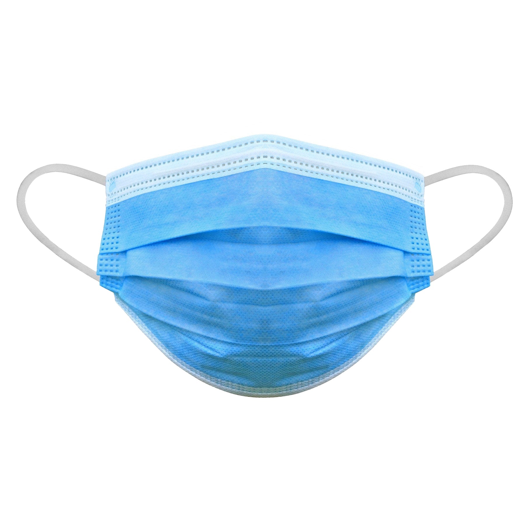 Front view of a single blue surgical face mask level 3 with white elastic ear loops isolated on a white background.
