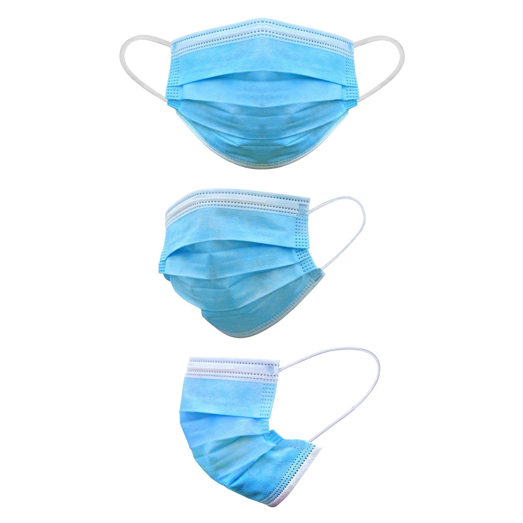 Three views of blue disposable surgical masks displayed at different angles to highlight the pleated front, nose wire, and elastic ear loops.