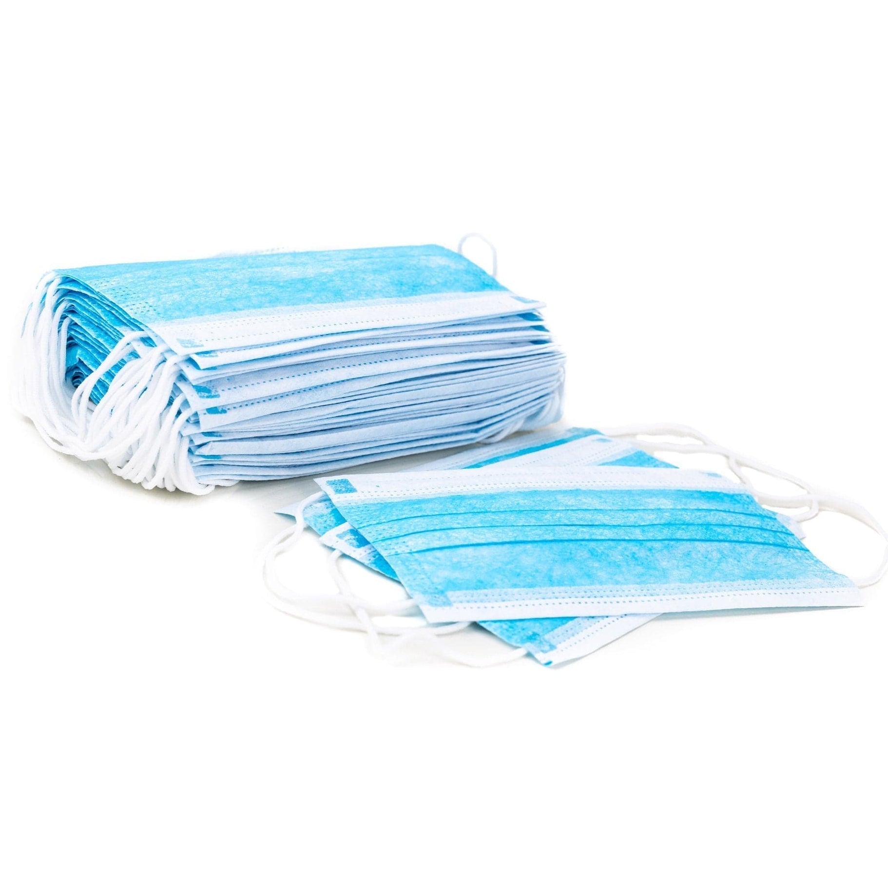 A neat stack of blue professional-grade disposable face masks showing the layered, pleated design for filtration.