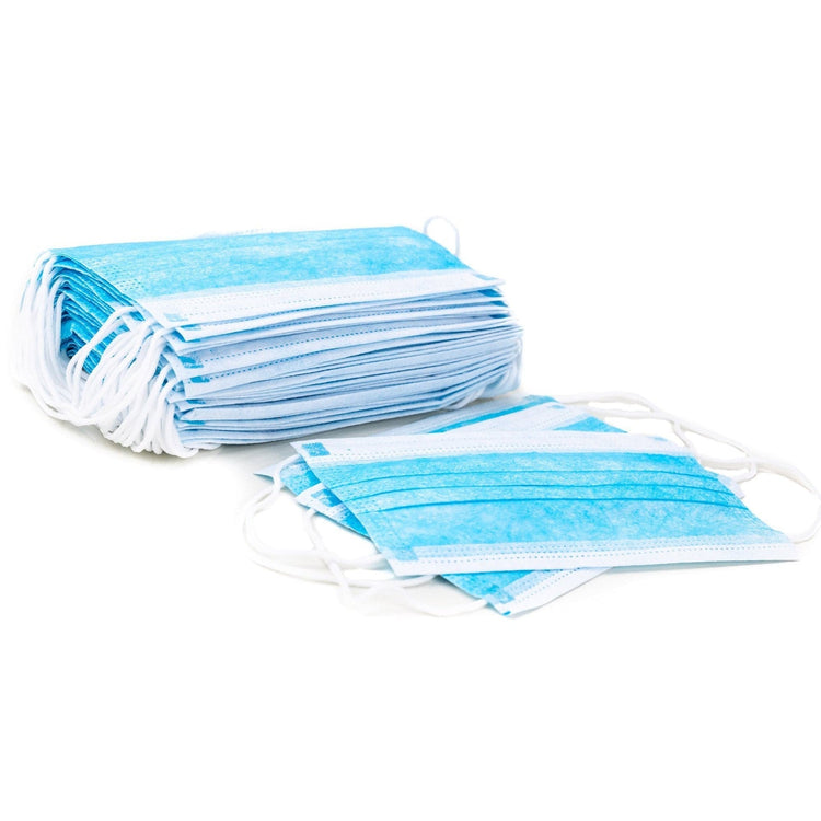A neat stack of blue professional-grade disposable face masks showing the layered, pleated design for filtration.