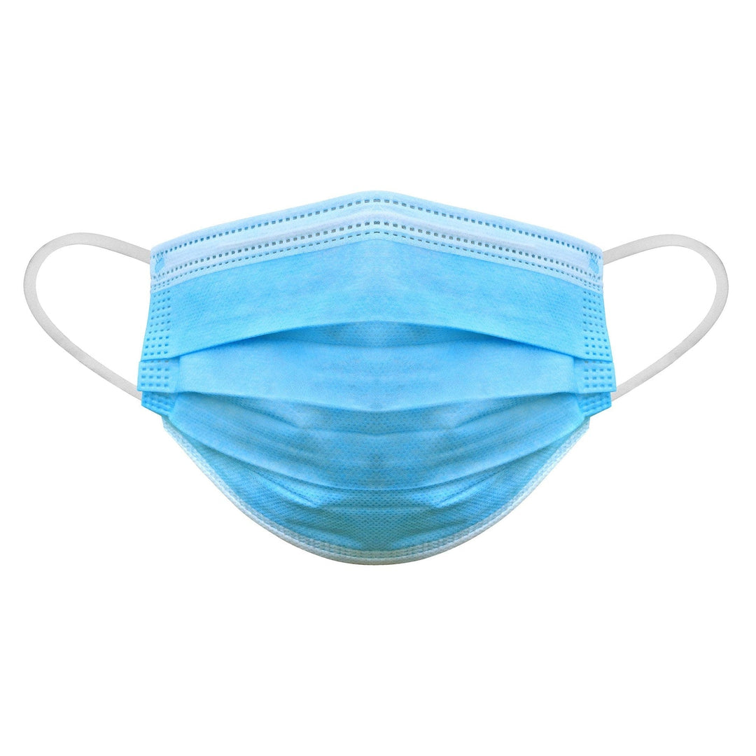 Front view of a single blue surgical face mask level 1 with white elastic ear loops isolated on a white background.