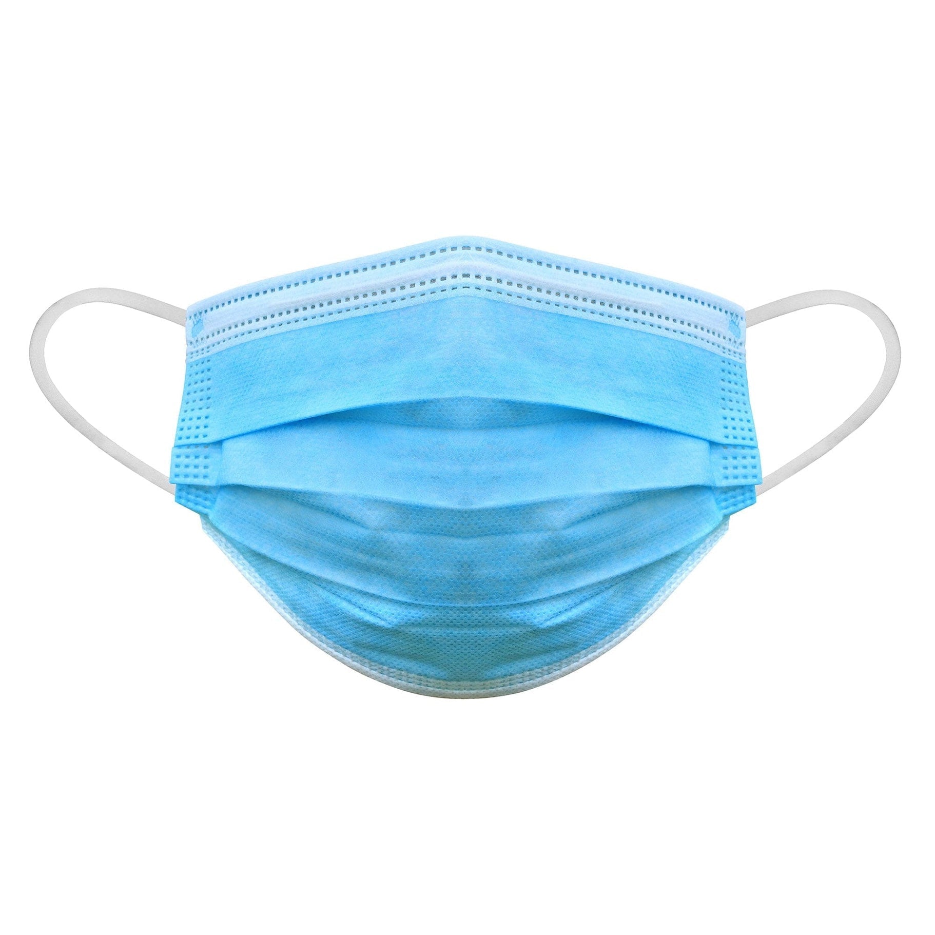 Front view of a single blue surgical face mask level 1 with white elastic ear loops isolated on a white background.