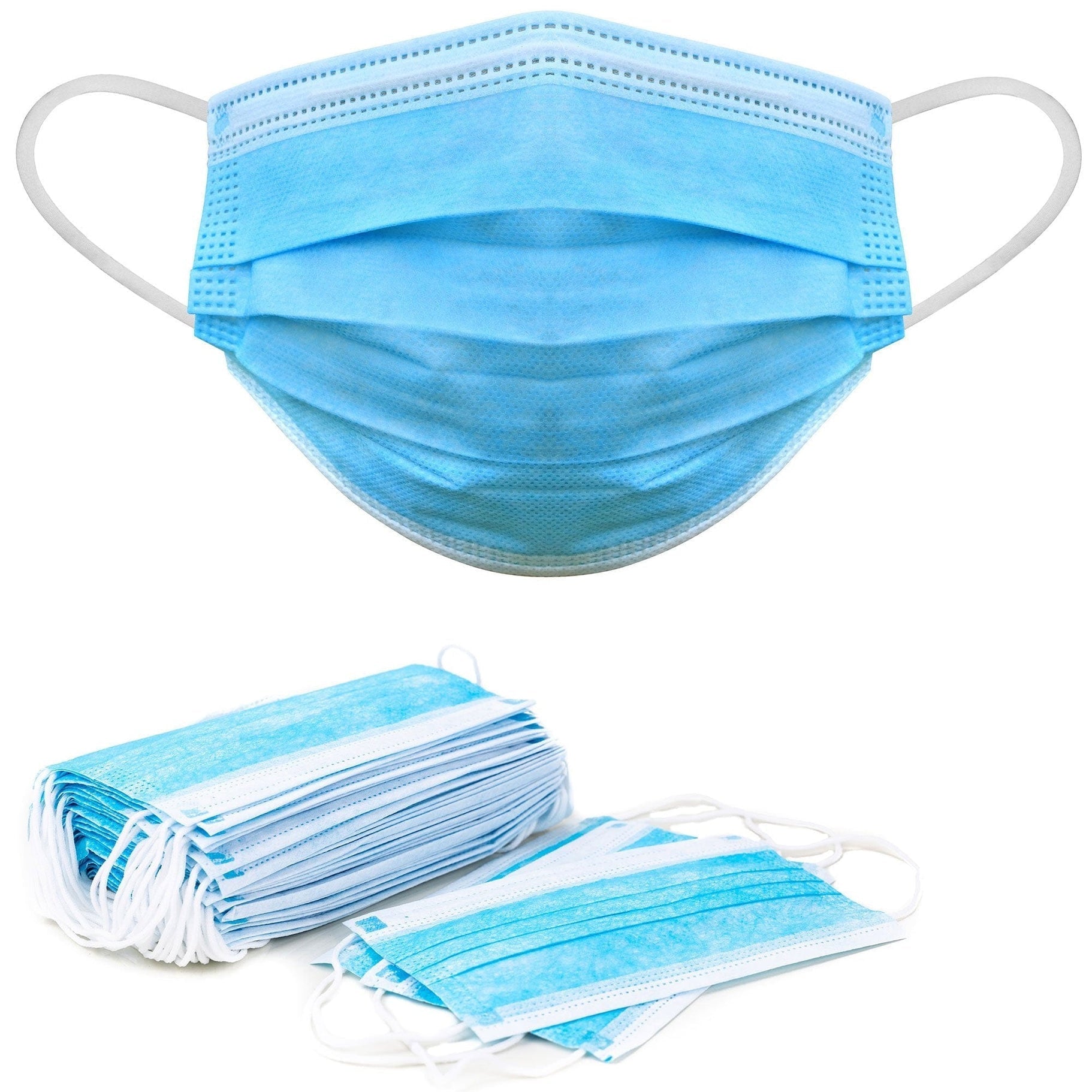 A single blue medical face mask hovering over a bulk stack of identical disposable masks, showing the volume included.