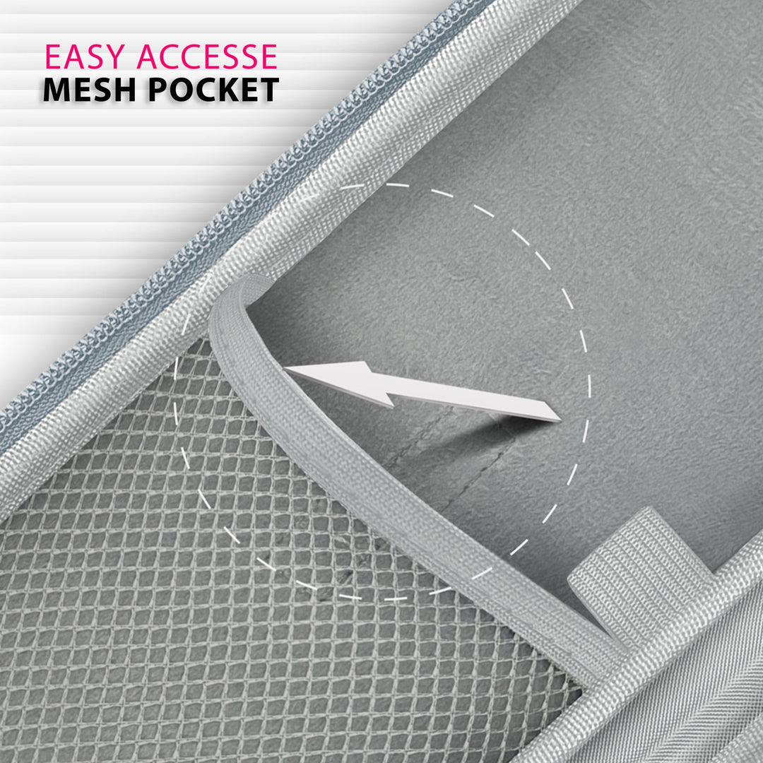 Close-up detail of the interior mesh pocket within a gray stethoscope case, designed for easy access to small medical accessories.