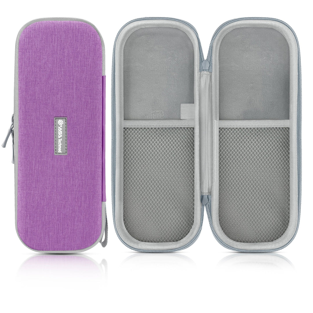 Full view of an open empty medical instrument case with a purple exterior and gray interior, displayed with a detachable wrist strap.