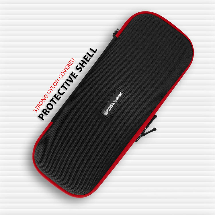Top-down view of a closed black nylon stethoscope travel case with red zipper trim, labeled 'Strong Nylon Covered Protective Shell'.