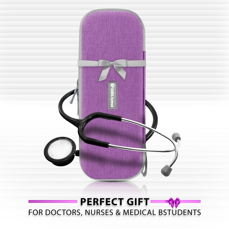 A stethoscope carrying case wrapped in a gray ribbon displayed next to a dual-head stethoscope, marketed as the 'Perfect Gift for Doctors, Nurses & Medical Students'.